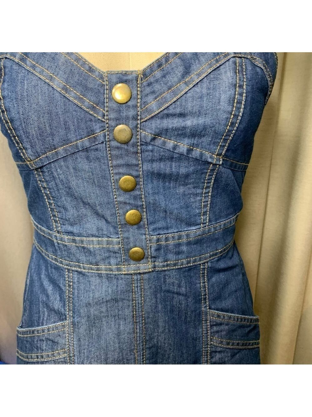 Vintage Lone Star Cowgirl Denim Dress Sz XS Blue Sweatheart Neckline Western Y2K - Picture 6 of 14